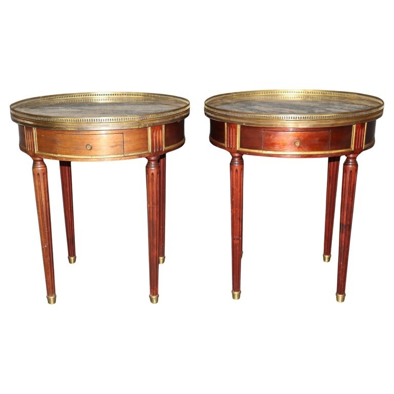 Pair Signed Maison Jansen Brass Trimmed Marble Top Gueridons Bouillotte Tables