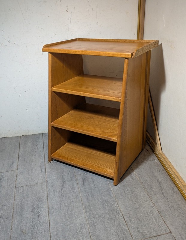 Vintage Mid Century Modern Oak Wood Telephone Table Slanted Nightstand Shelf B gallery