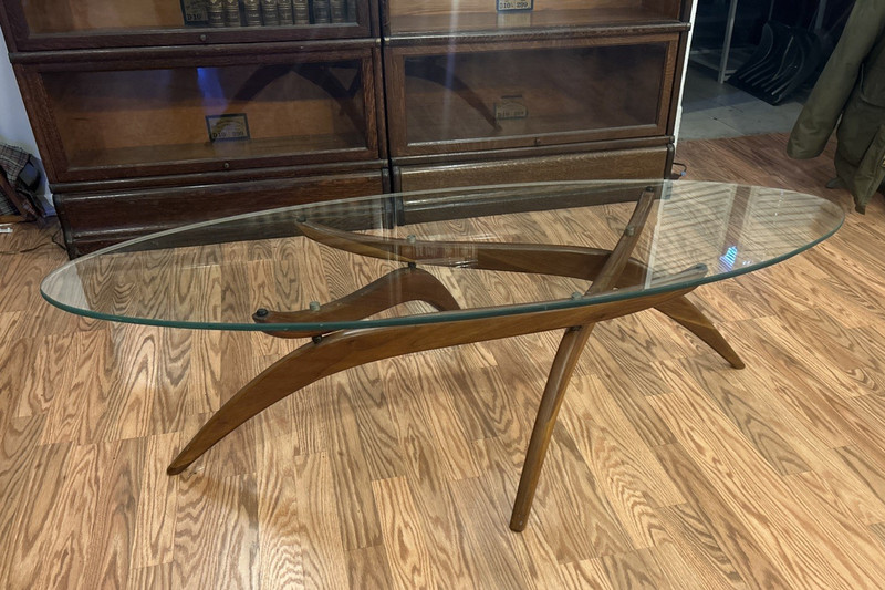 Mid Century Modern Forest Wilson Oval Glass Top Walnut Coffee Table 53″ Long