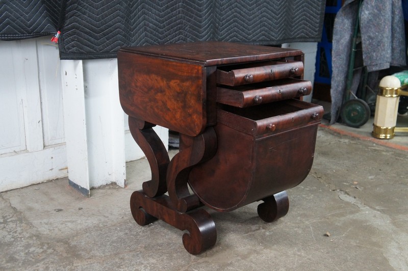 Antique American Empire Crotch Mahogany Drop Leaf Sewing Work Side Table Cabinet gallery