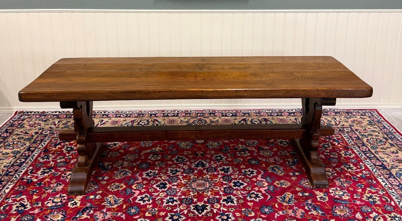 Antique French Country Farm Dining Table Farmhouse Trestle Base Oak 87"W gallery