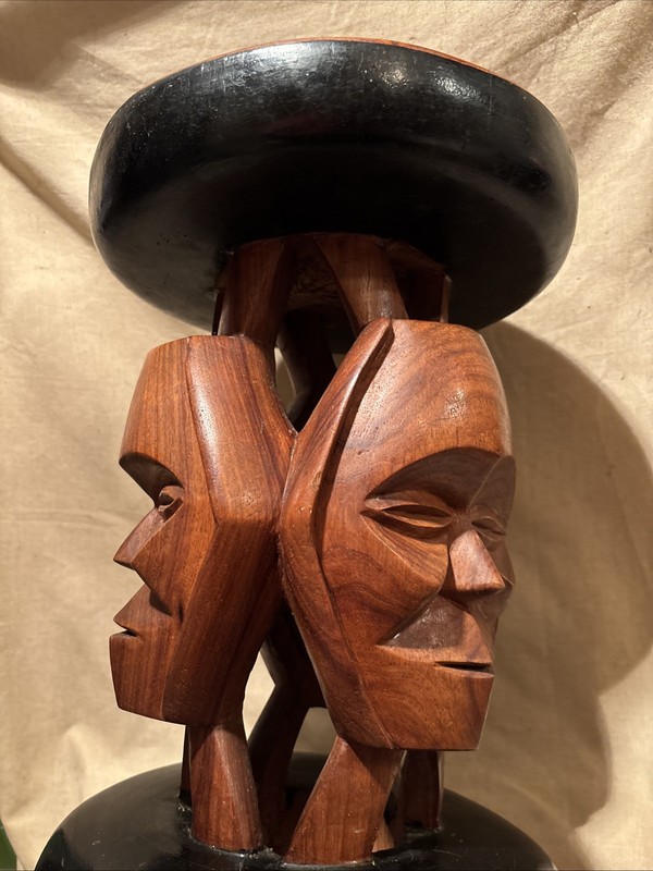 Vintage PLANT STAND / End Table-STOOL 1 Solid Wood Piece Hand Carved Faces Masks gallery