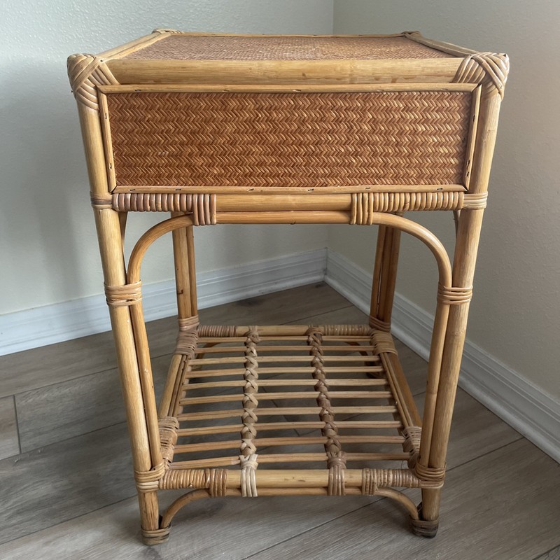 MCM Coastal Bamboo Woven Rattan w/Drawer+Bottom Shelf-Side Table Night Stand 25” gallery