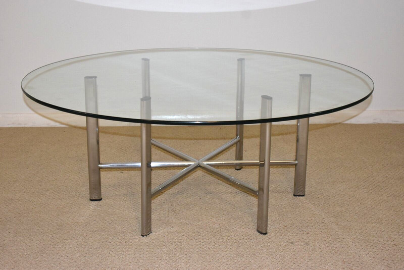 Mid Century Modern Chrome & Glass Round Coffee Table 40″