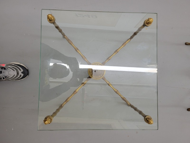 Pair Square Glass , Bronze Bagues Style Faux Bamboo table 1960 gallery