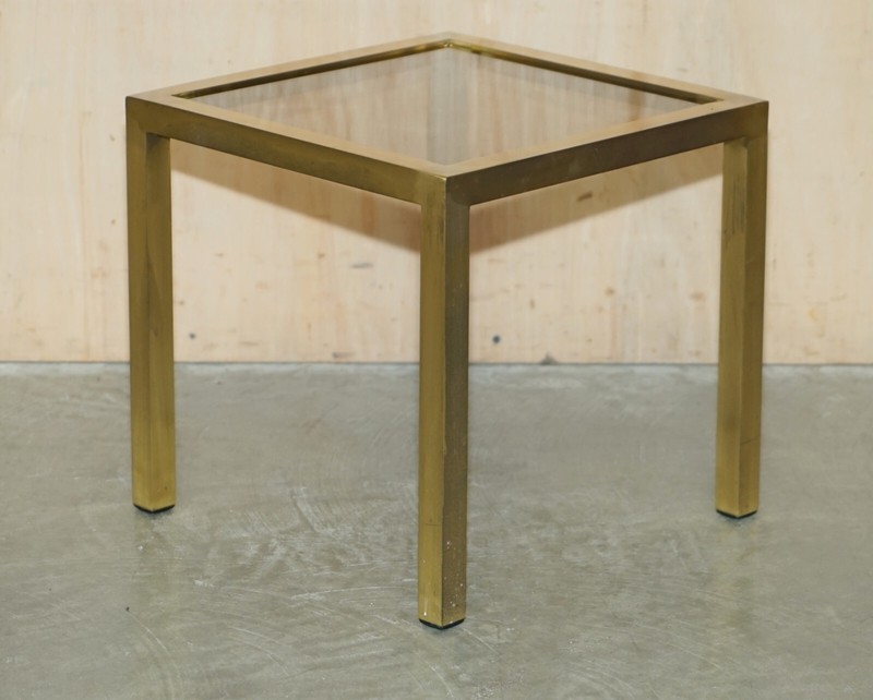 FOUR MID CENTURY MODERN MAISON JANSEN PARIS STYLE BRASS SMOKED GLASS SIDE TABLES gallery
