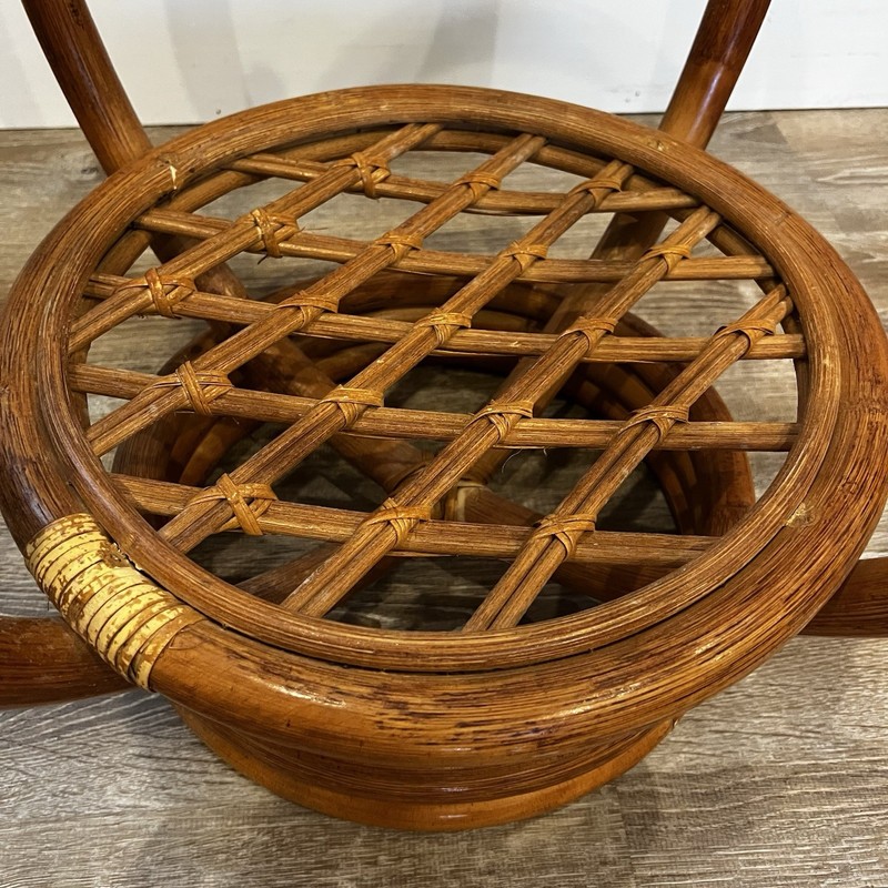 Mid 20th Century Boho Rattan Bamboo Round Side Table MCM Glass Top gallery