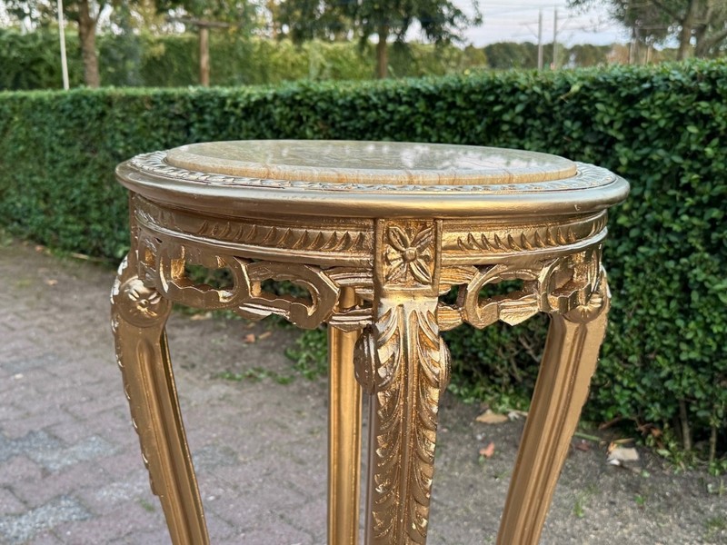 Side Table French Louis XVI 1970s Gold Gilt Beech Marble Round gallery