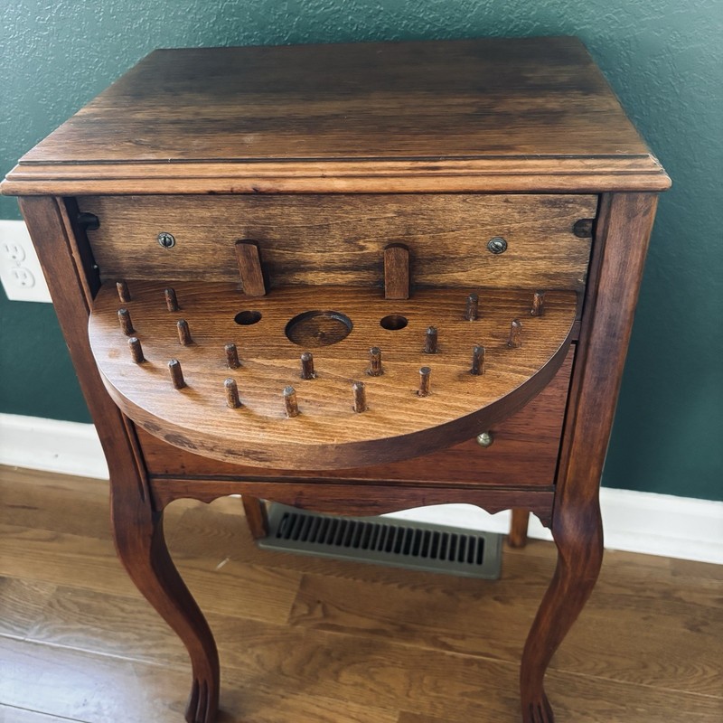 Vintage Antique Scalloped Queen Anne Wood Sewing Storage Side Table Brass Pulls gallery
