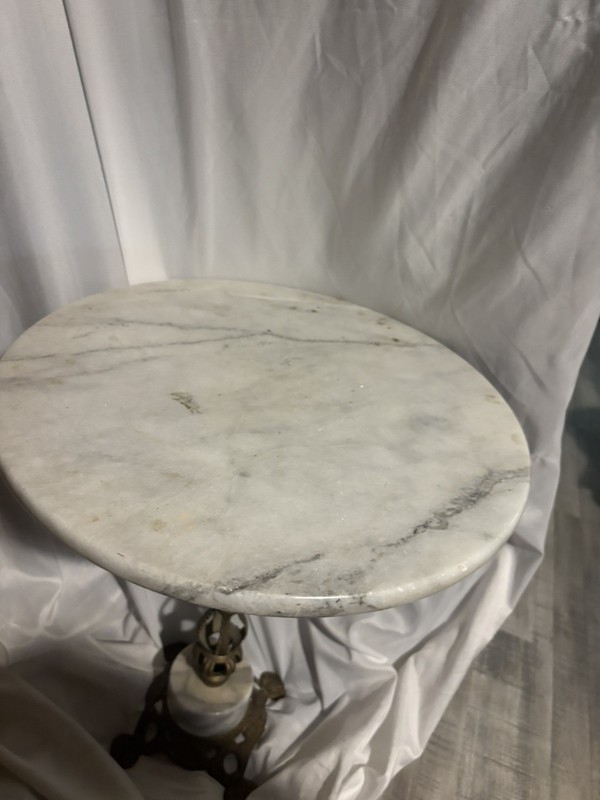 Antique Victorian Marble Accent Table Round White Ornate Metal Base Carvings