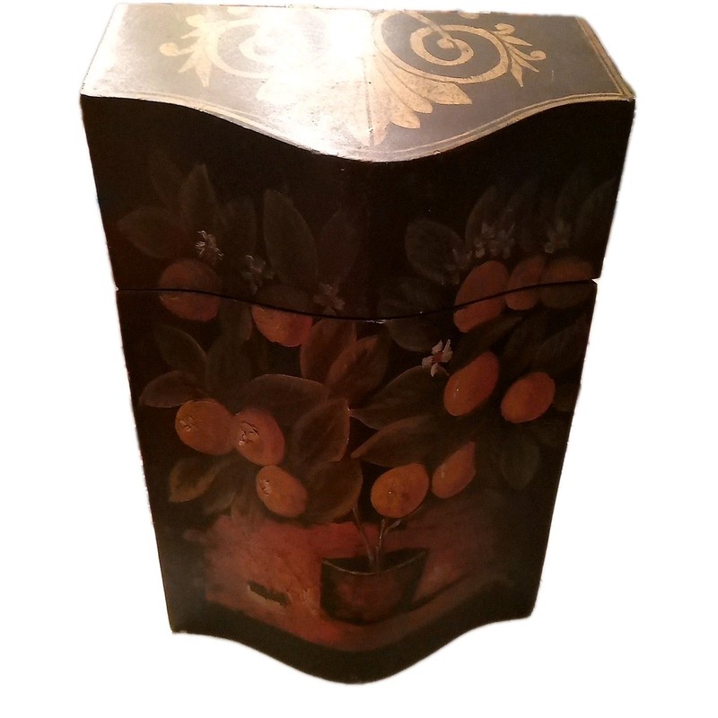Antique Solid Wood Hand painted Tole Ware Black Floral Caddy 12l X 8 W