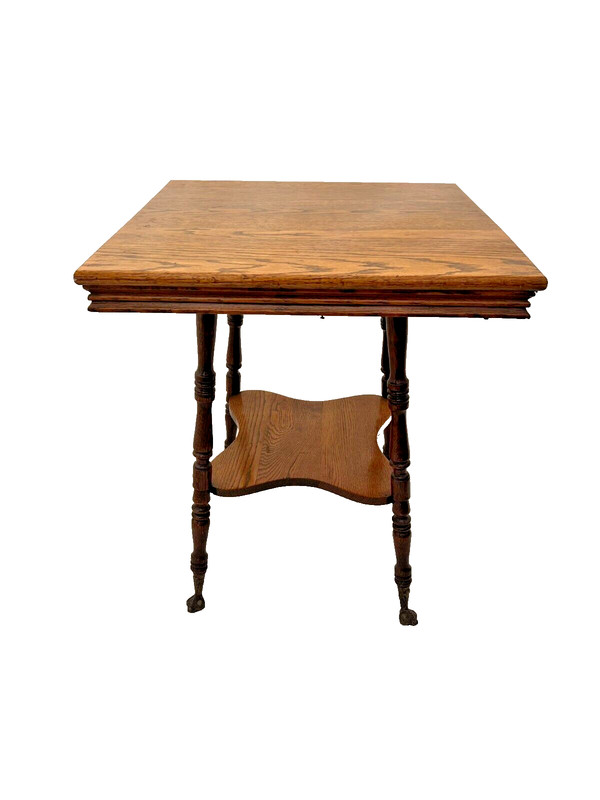 Antique Victorian Table bottom shelf Oak Carved legs Glass Ball Claw feet