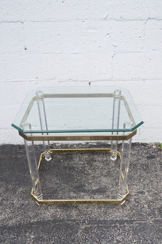 Hollywood Regency Lucite and Brass Finish with Glass Top Side Table 2998