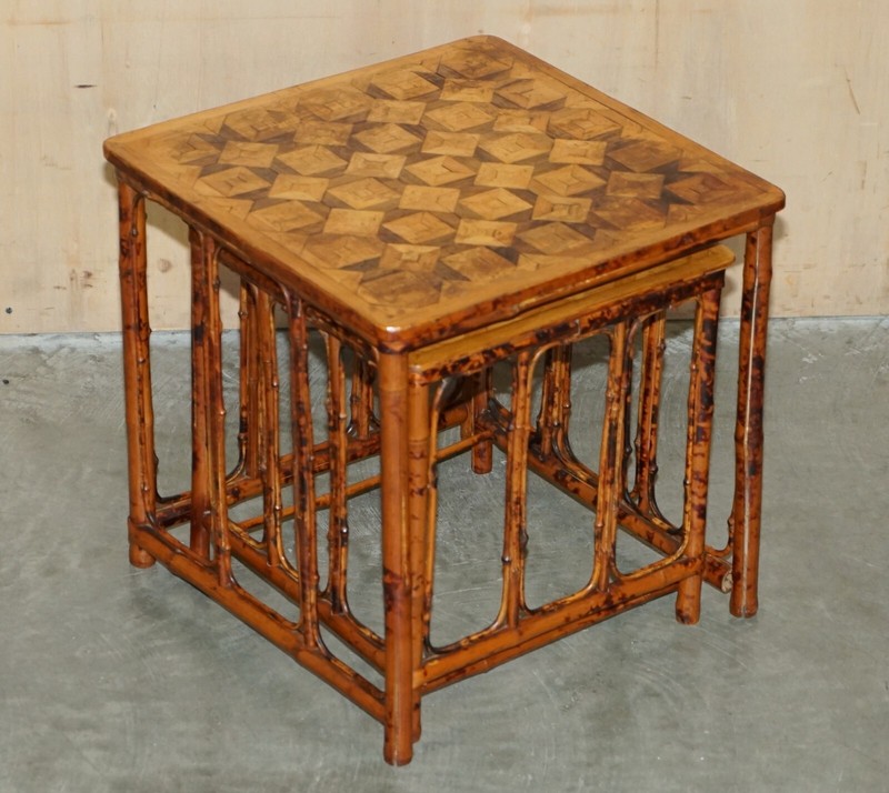 ORIGINAL VICTORIAN BAMBOO PARQUETRY NEST OF TWO TABLES LOVELY INLAID TOPS gallery