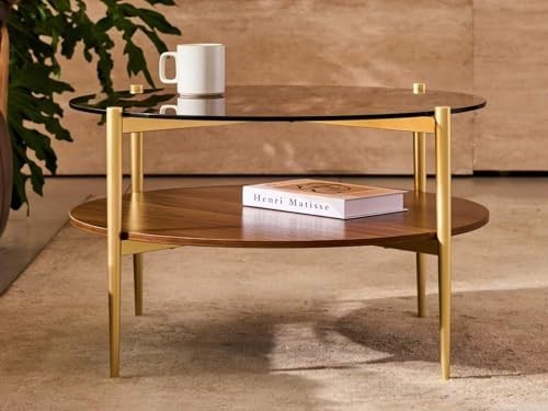 Mid-Century Modern Round Glass Coffee Table, 2-Tier Amber Top, Walnut Shelf, Gol gallery