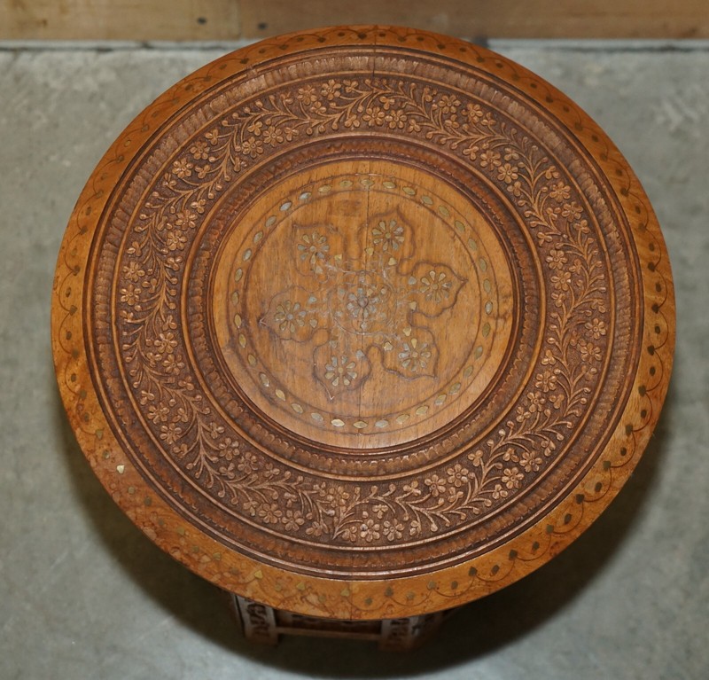 FINE ANTIQUE LIBERTY VICTORIAN CIR 1880 INLAID SYRIAN HAND CARVED FOLDING TABLE gallery