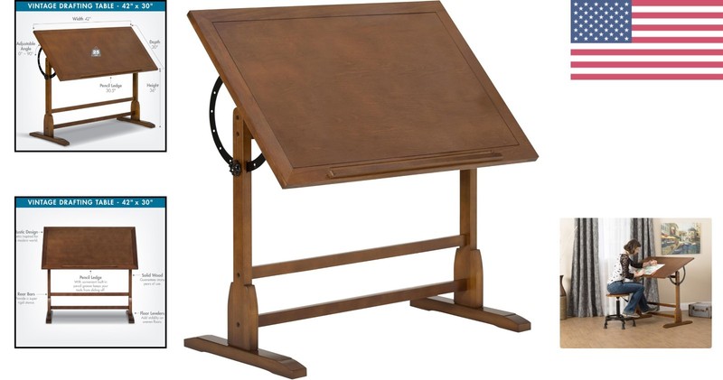 Antique Design Drafting Table with Pencil Groove Adjustable Angle Rustic Oak gallery