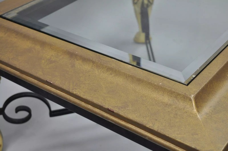 Regency Style Figural Swan Base Rectangular Iron and Glass Gold Coffee Table (A) gallery