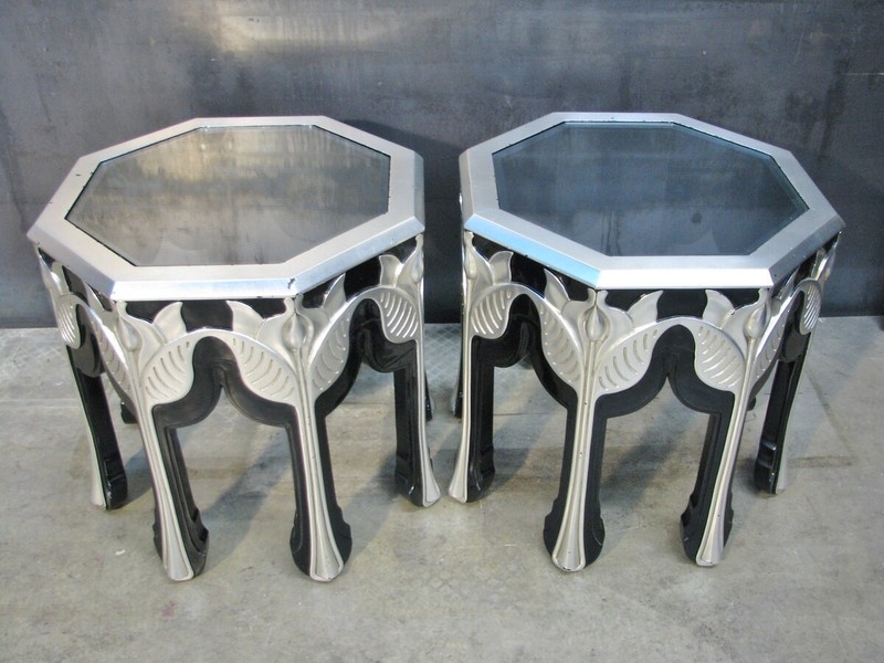 PAIR High-End Interior Crafts Octagonal Black Lacquer & Silver Leaf End Tables