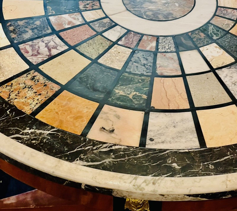 RARE FINE MULTI-GEM INTARSIA TABLETOP ,BRONZE MOUNTS WITH WOODEN BASE DIA=38" gallery