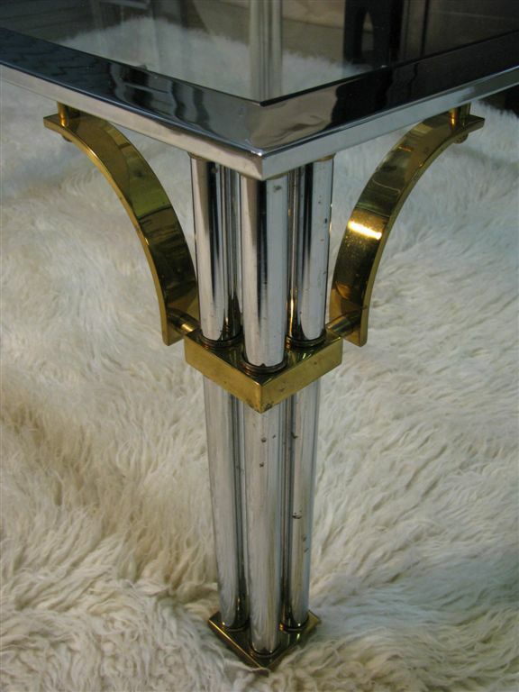 1980's Hollywood Regency Chrome, Glass & Brass Square Coffee Table gallery