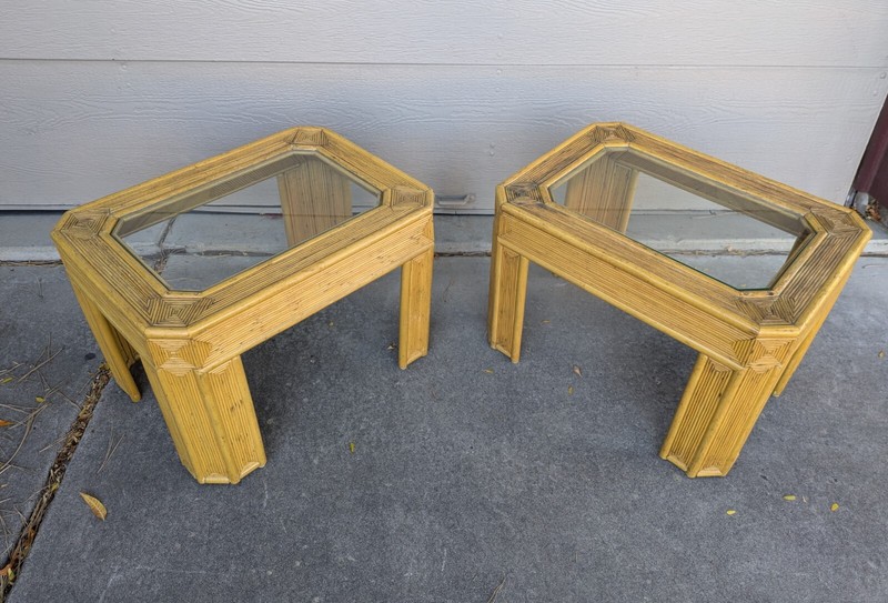 Vintage Pair of Boho Chic Bamboo Rattan Pencil Reed Tables Mid Century Modern gallery