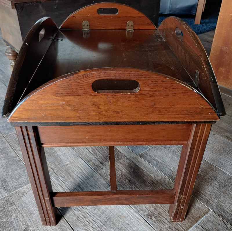 Vintage Butler Tray Table Mid-Cent Oval Dark Hardwood & Brass Sturdy Base/Legs