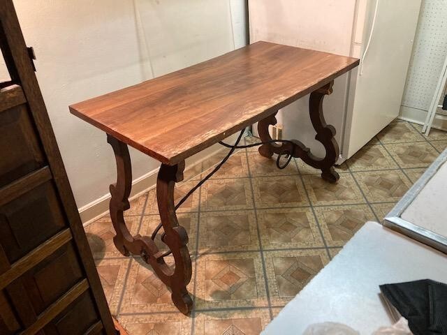 Vintage Spanish Catalan Trestle Dining Table with Lyre Legs and Iron Stretch gallery