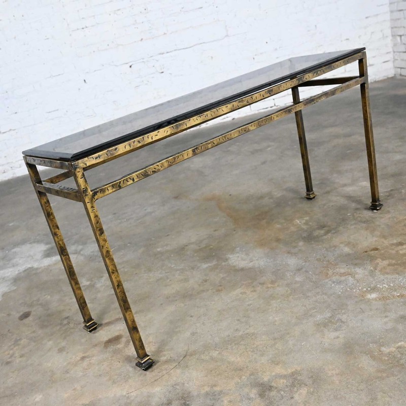 Modern Iron Console Sofa Table Gold Hammered Look & Smoked & Beveled Glass Top gallery