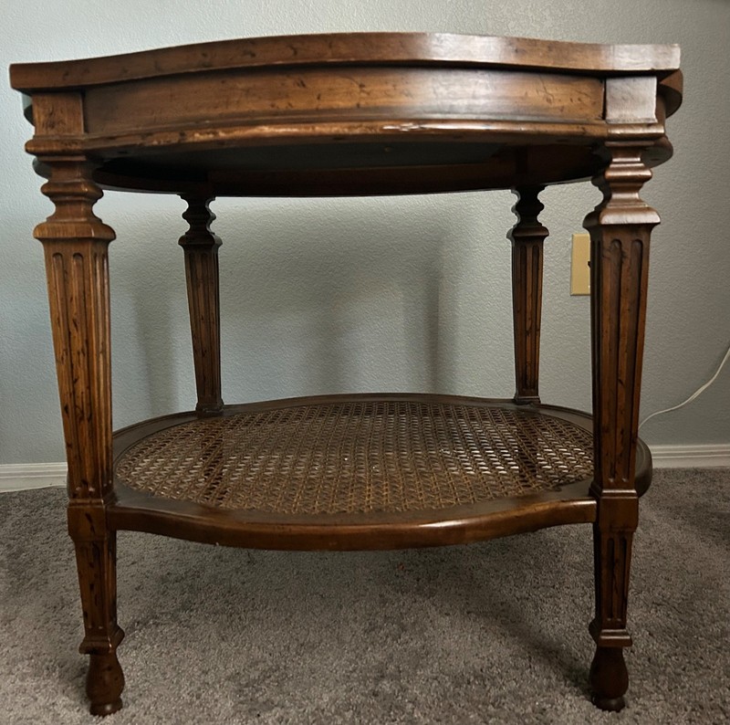 Side table antique – mid-century walnut and rattan