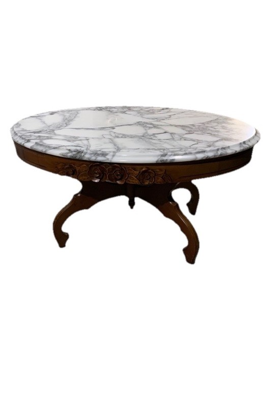 Victorian Style Oval Carrara Marble Top Carved Coffee Table Vintage