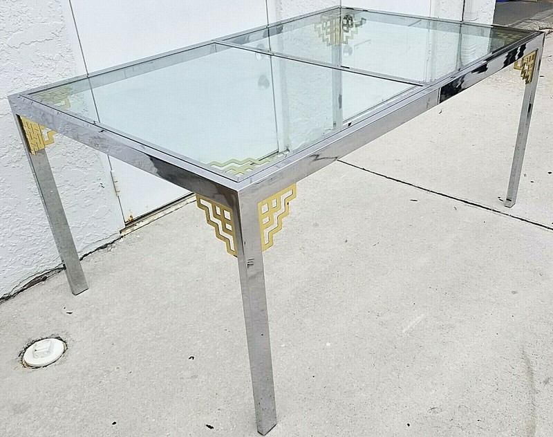 MCM 1970's MASTERCRAFT Style Hollywood Regency Chrome and Glass Dining Table 60" gallery