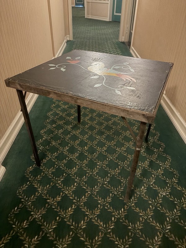 Vintage MCM 1960s Mid Century Square Folding Wood Card Table Handpainted Top gallery