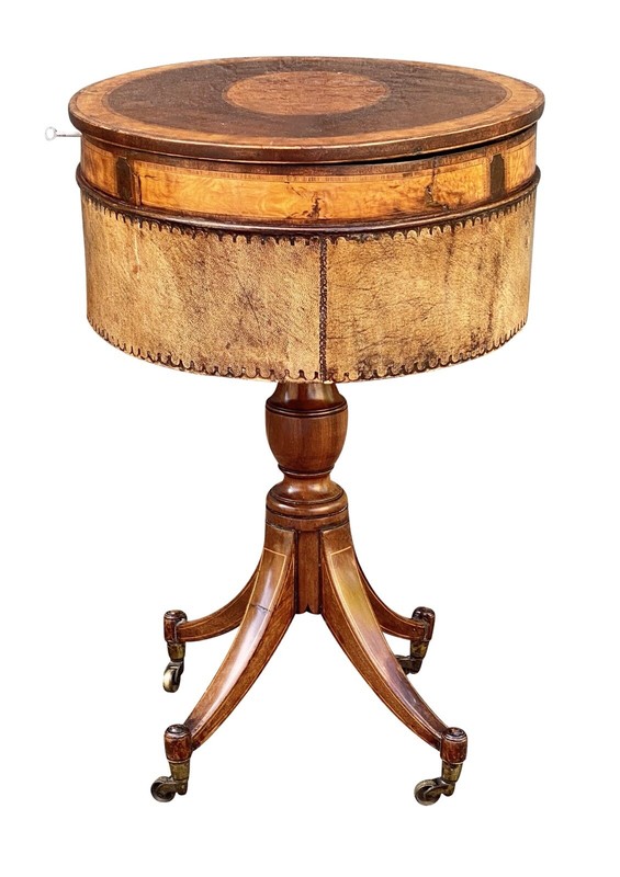 ANTIQUE REGENCY MAHOGANY & SATINWOOD SEWING STAND / WORK TABLE gallery