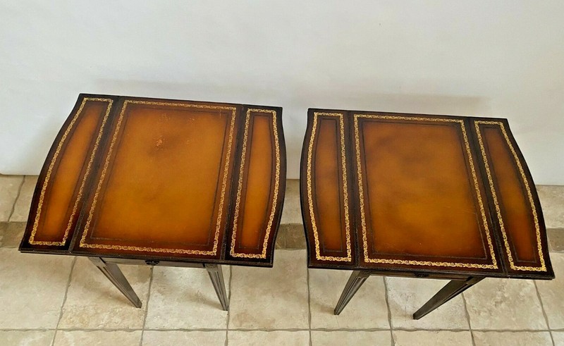 Vintage Pembroke Table set Tall expanding Nightstands embossed Leather Mahogany gallery