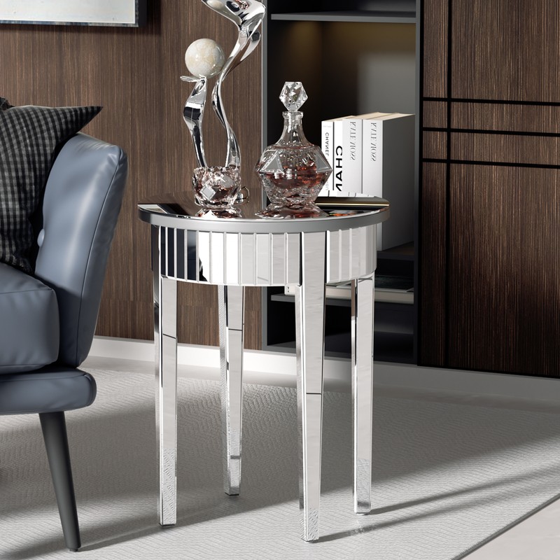 Modern Glam Glass Mirrored Round Silver Side Accent Table frameless Heavy Duty gallery