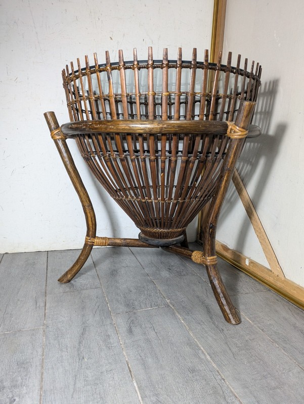 Vintage Mid Century Modern Franco Albini Style Fish Trap Bamboo Rattan Table A gallery