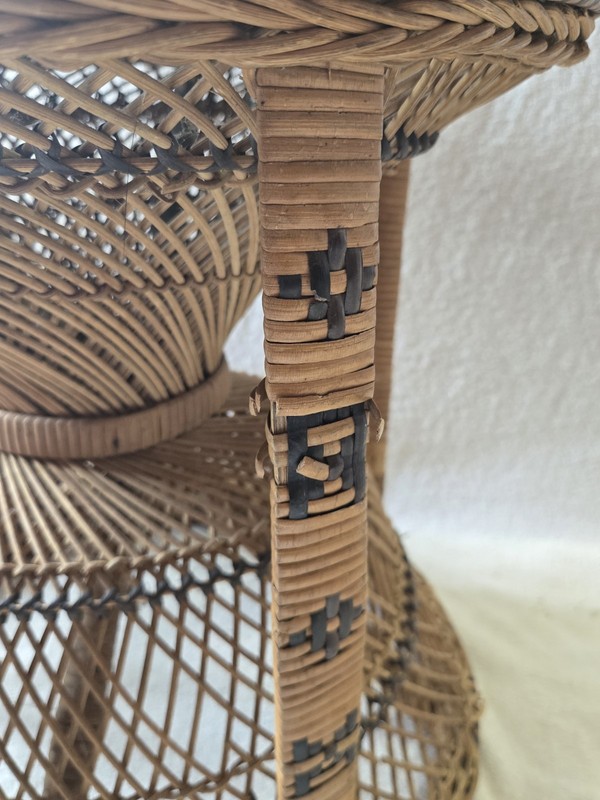 Vintage Emmanuelle Rattan SideTable Wicker Stool Peacock Ottoman Rare 1970s Read gallery