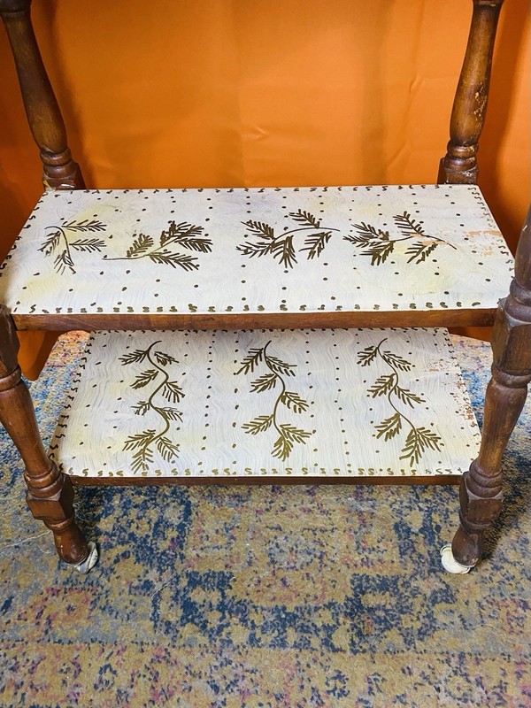 VINTAGE HAND PAINTED WOOD SIDE TABLE WITH CASTER WHEELS COOL PIECE SEE PHOTOS gallery