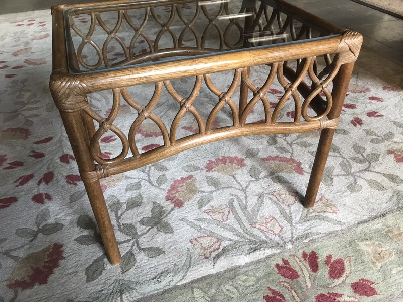 VTG BAMBOO END SIDE TABLE W/GLASS 2 AVAILABLE 20” TALL X 24 X 20” MCM BOHO gallery