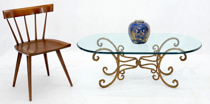 Twisted Wrought Iron Rope Gold Gilt Base Oval Racetrack Glass Top Coffee Table gallery
