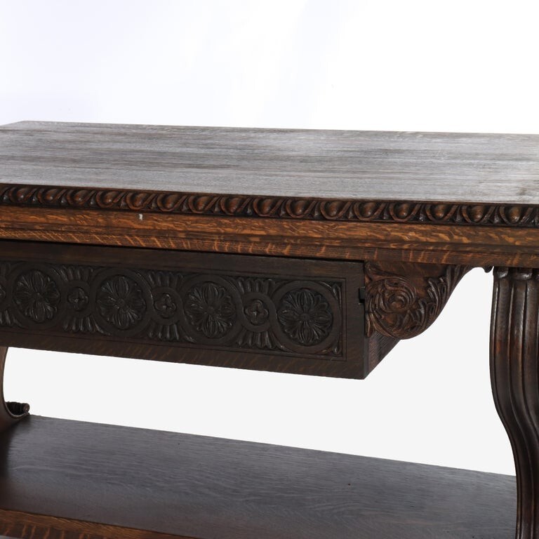 Antique Arts & Crafts Carved Oak Trestle Library Table C1910 gallery