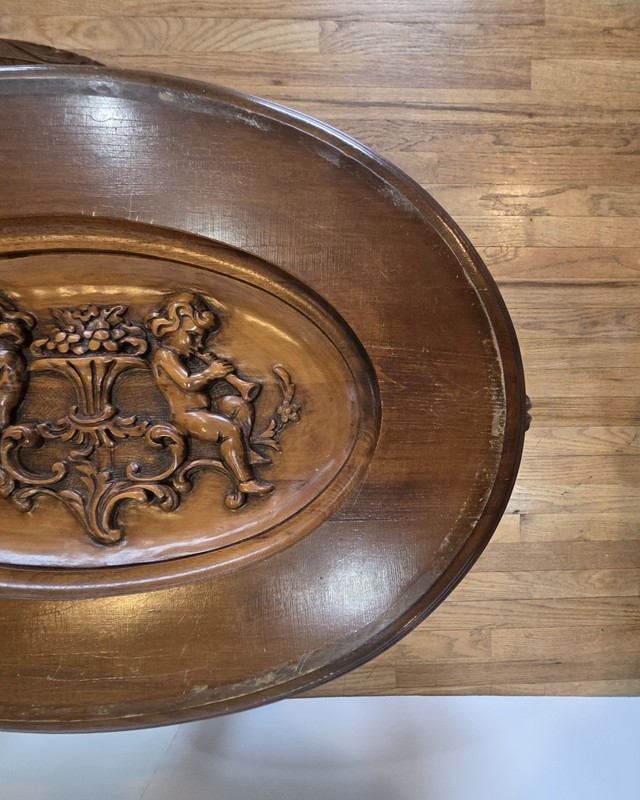 Antique Hand Carved Cherub Coffee Table with Glass Top Serving Tray gallery