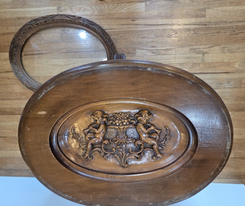Antique Hand Carved Cherub Coffee Table with Glass Top Serving Tray gallery