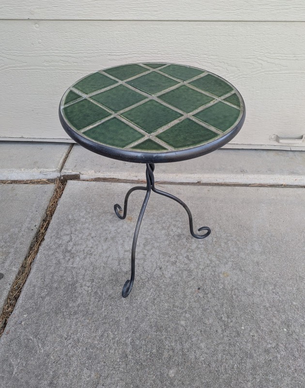 Vintage MCM Green Tile Top Twisted Wrought Iron Base Plant Stand Pedestal Table