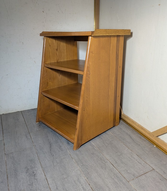 Vintage Mid Century Modern Oak Wood Telephone Table Slanted Nightstand Shelf B gallery