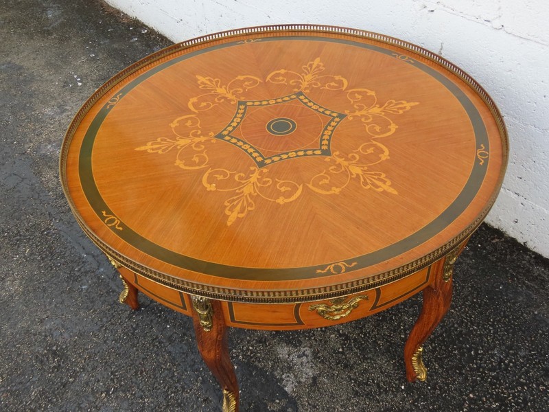 French Inlay Round Coffee Table with Brass Apron 6349 gallery