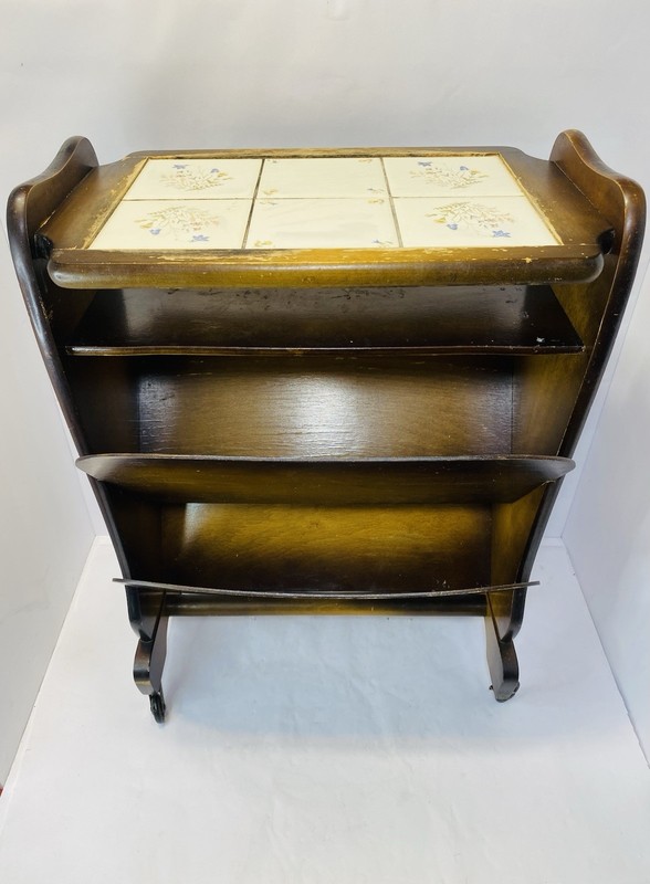 VINTAGE ELEGANT WOODEN SIDE TABLE WITH TILED TOP GERMANY 1960S RARE VERY NICE gallery