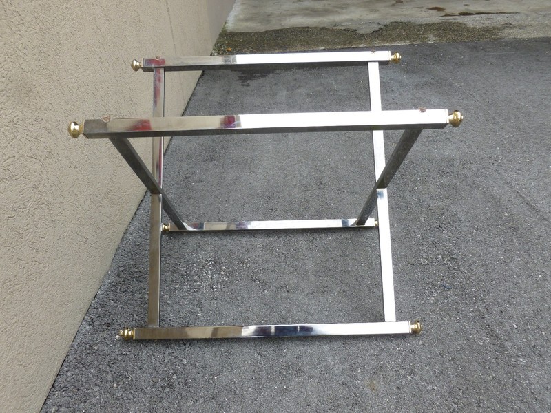 ELEGANT CHIC 1970'S CHROME CAMPAIGN TABLE BASE WITH BRASS FITTINGS gallery