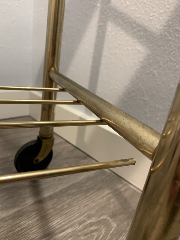 Mid Century Modern Hollywood Regency Bar Cart 2 Tier Shelf Gold Toned on Wheels gallery